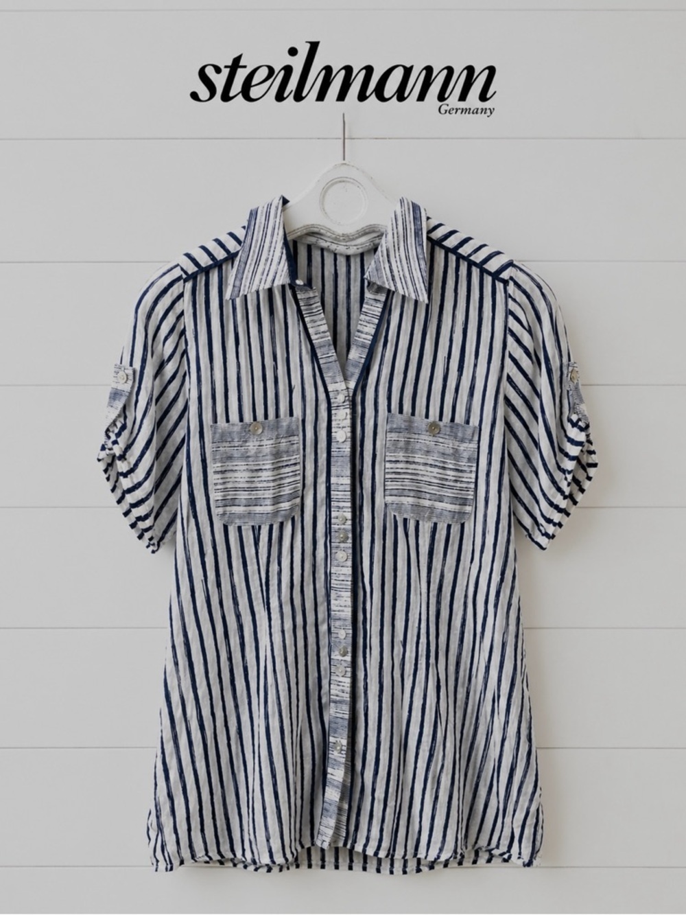 STEILMANN White & Navy Striped Tunic Blouse size 6